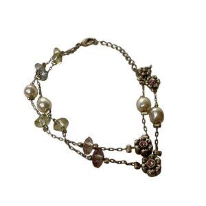 Premier Bracelet Faux Pearl Floral Flower Dainty 8" Rhinestone Signed